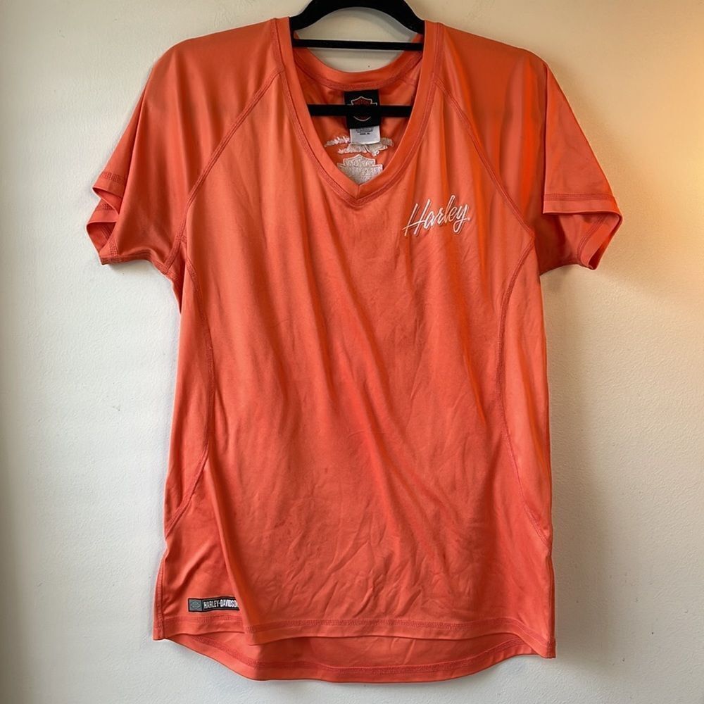 EUC Harley Davidson Women's V-Neck Orange Wicking Logo T-Shirt XL